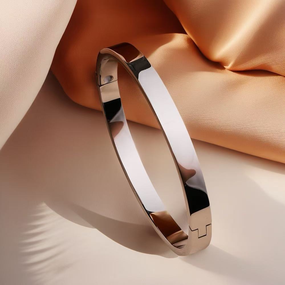 Titanium Steel Bracelet for Women, Simple 6mm Wide Glossy Fashionable Opening Buckle Egg-shaped Bracelet One Size(18CM~21CM)
