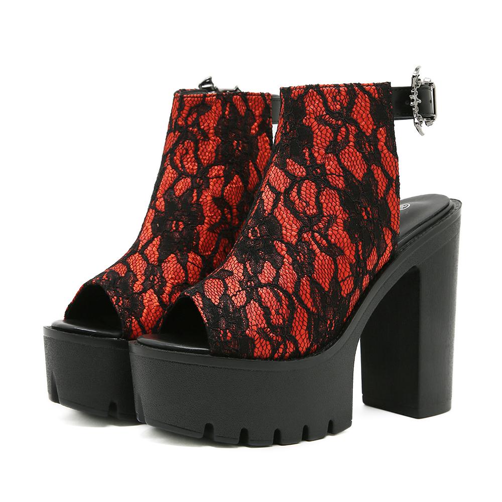 

Gdgydh Элегантные женские туфли в сеточку в стиле ретро на высоком каблуке с открытым носком на шнуровке и ремешком на щиколотке, красные босоножки на платформе с открытой пяткой 35 красный