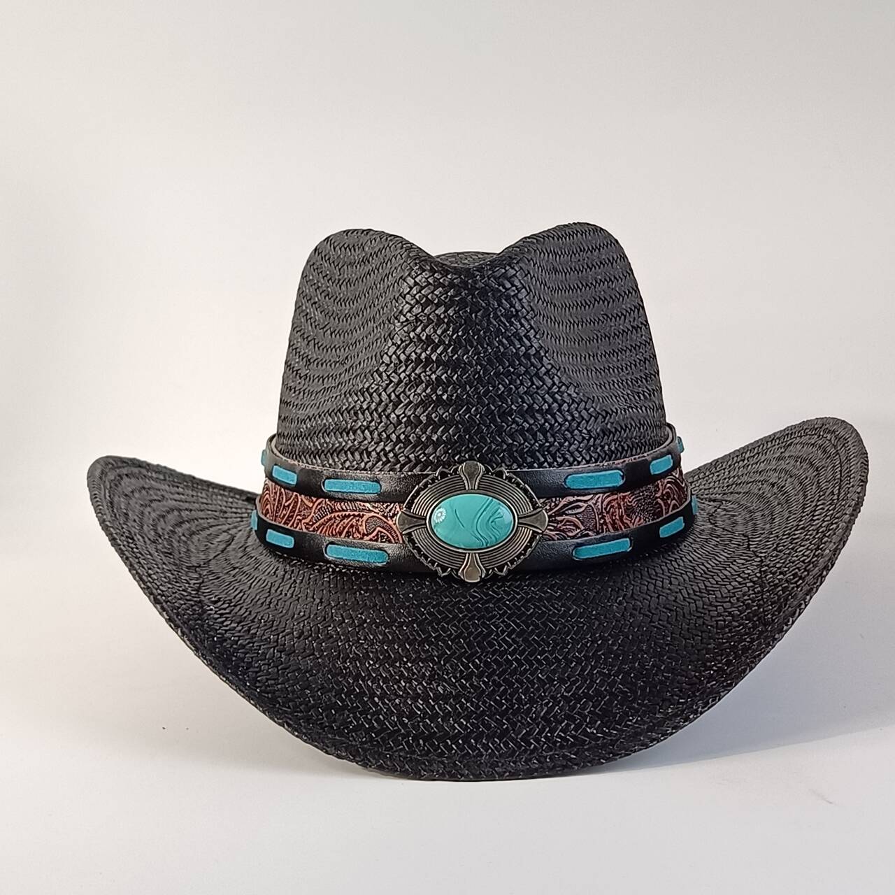 Freedom Outdoors Women's Black Straw Cowboy Hatwith Turquoisedecorativebuckle Wide-Brimmed Sun Hat Unisex Summer Beach Cowboy Hatsombrero Cowboy Mujer 56-58Cm