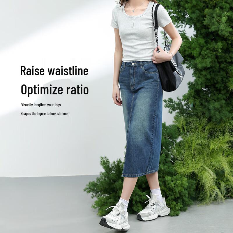 Baleno Women's High-Waist Retro Blue Denim Mid-Length Skirt