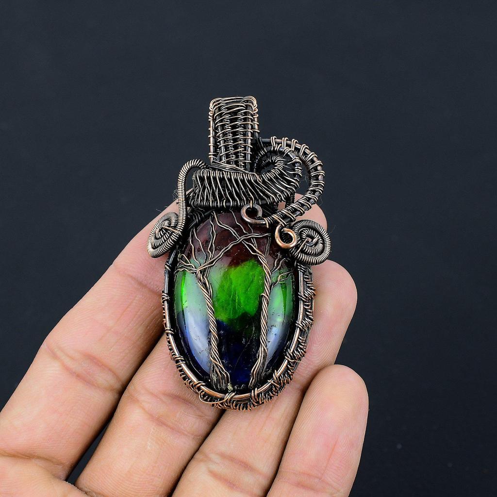 Tri Color Labradorite Pendant, Handmade Gemstone Pendant, 999 Copper Wire Wrapped Pendant Antique Jewelry, For Engagement Gift
