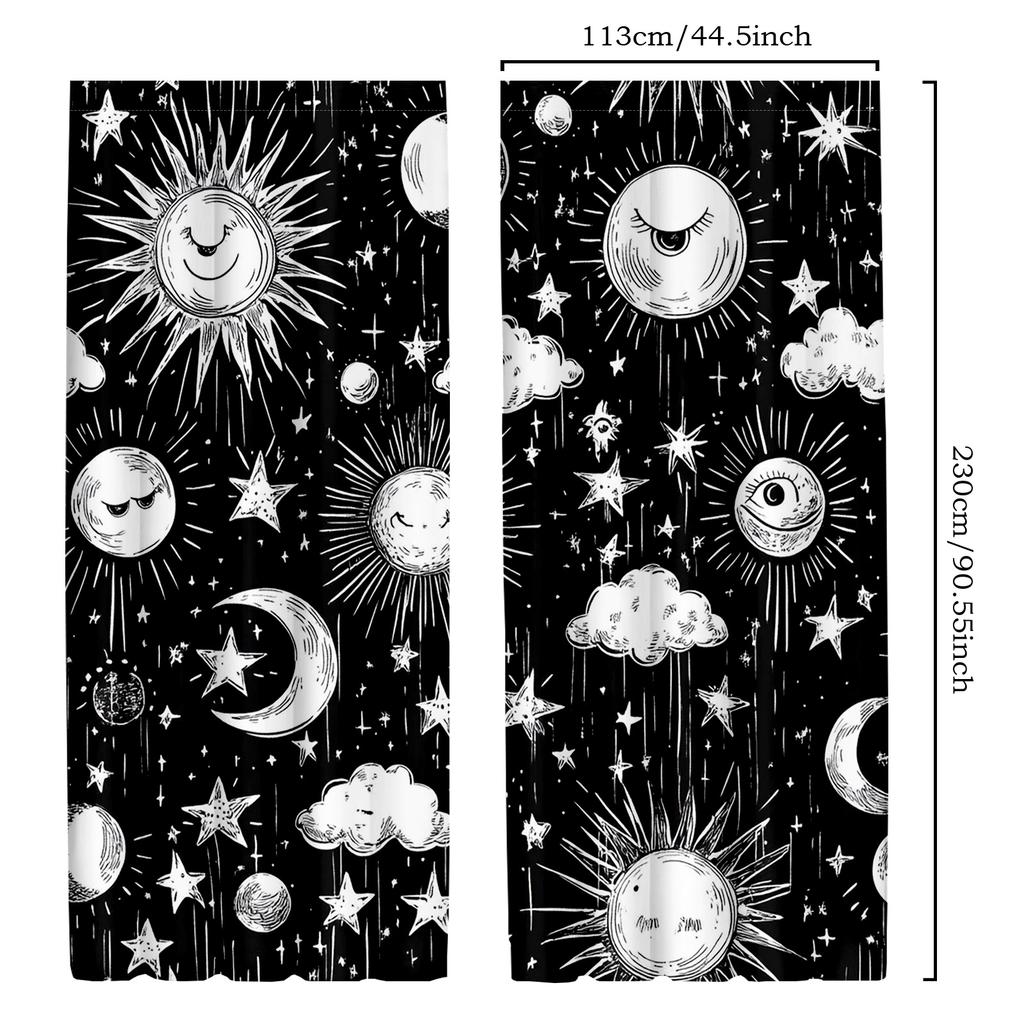 2pcs Classic Mystic Witch Polyester Curtains   Boho Sun Moon Star Mandala Print   Black and White Bedroom Decorative Drapes   for H