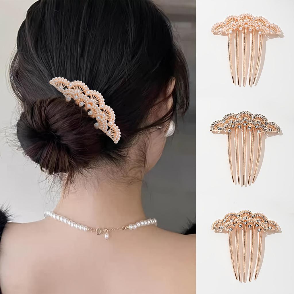 Imitation Pearl Hair Comb Five-Tooth Crystal Hairpin for Hanfu Modern Simple Metal Bun High-end Versatile Hair Accessories New