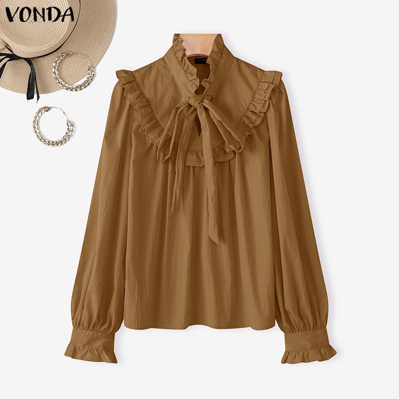 VONDA Elegant Women Bows Tie Ruffled Loose Casual Long Sleeve Blouse