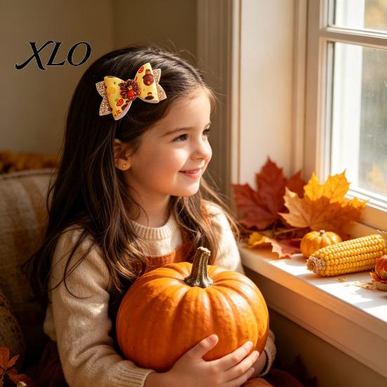 Festival Style Hair Accessories Thanksgiving Turkey Bow Clip for Girls, Decorative Pins, Maple Leaf Pins Double Layer Glitter Clip, Cute Autumn