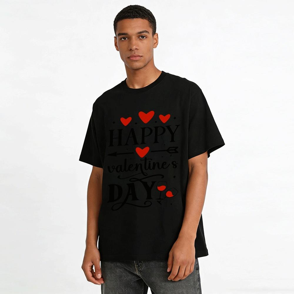 Happy Valentine's Day Heart Wine Glass Print Casual Top Pure Cotton T-shirt