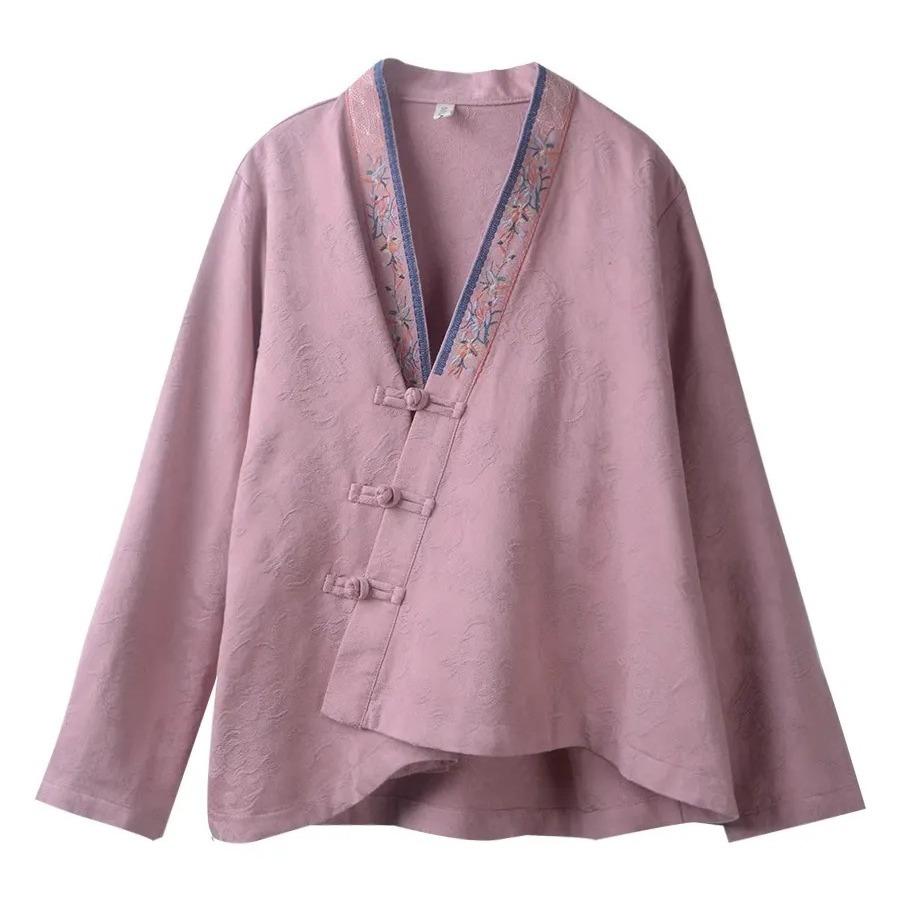 Placket embroidered disc-buckled cotton and linen long-sleeved cardigan women's casual loose spring and autumn top