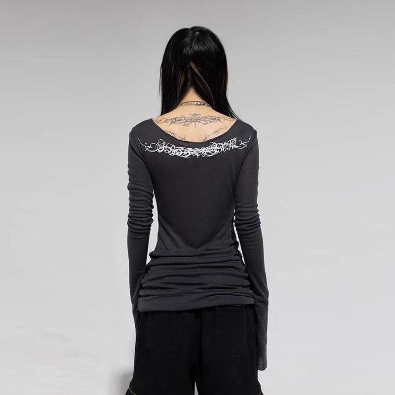 VAYLA Y2k Gothic Print T-shirt Trashy 2000s Style Long Sleeve Tops Vintage Harajuku Streetwear American Retro T-shirts