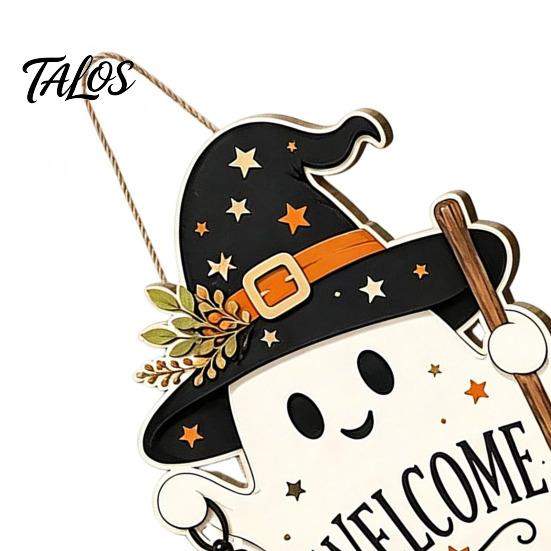 Halloween Party Decor Wooden Ghost Welcome Sign for Front Door, Rustic Cartoon Hanging Pumpkin Supplies Plaque with Wizard Hat And Broom Holiday Wall