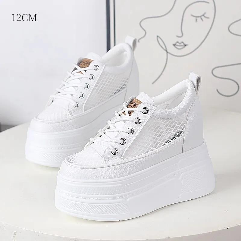 10CM 12CM Air Mesh Leather Breathable Pumps Summer Fashion Chunky Sneaker Heels Sandals Platform Wedge Hollow Shoes 40
