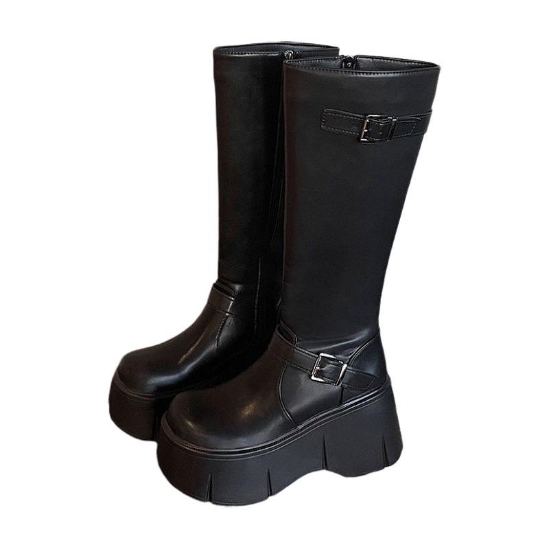 Retro French Black Platform Boots Winter New Small Fat Mm Thin and Heightened Knight Boots