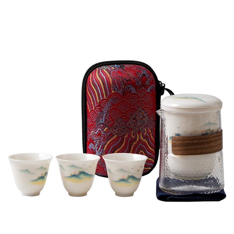 Suet Jade White Porcelain Travel Tea Set, One Pot, Three Cups, Simple Express Cup, Ceramic Portable Bag, Outdoor Souvenir