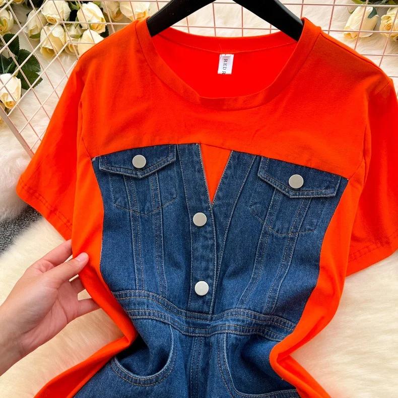 New Trendy Casual Dress Women's Contrast Vintage Denim Panel Short Sleeve Slim Fit Pencil Dress