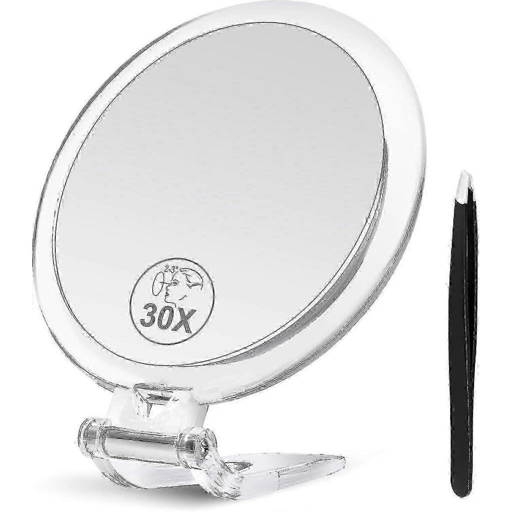 30-fach Vergrößerungsspiegel, Vergrößerungsspiegel mit Ständer und Pinzette, Handspiegel mit 30x/1x Vergrößerung, Kompakter Spiegel für unterwegs, 30x Make-up