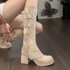 Bull Suede Block Heel Platform High Boots Women's Round Toe Sleeve Metal Belt Buckle Four Season Fashion Boots