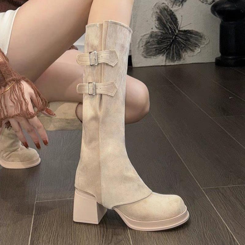 Bull Suede Block Heel Platform High Boots Women's Round Toe Sleeve Metal Belt Buckle Four Season Fashion Boots