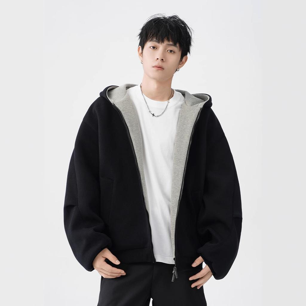 Double Zipper Hooded Sweater Coat Men's Autumn and Winter Casual Coat Thick Contrast Color Couple Cardigan.