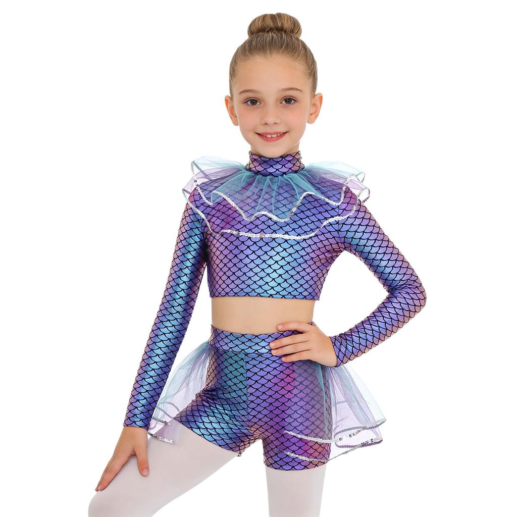 Ensemble Short et Crop Top Mailles Sequins Imprimé Écailles de Poisson Manches Longues Costume Cosplay Sirène pour Filles