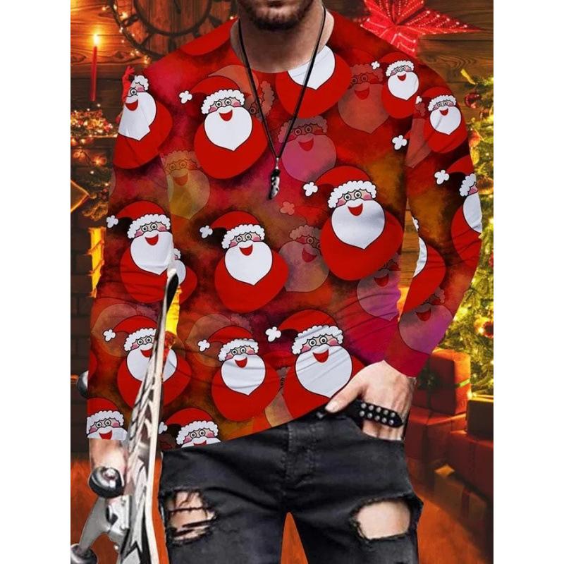New Men's Long Sleeved Round Neck T-shirtr Autumn Winter Christmas 3D Digital Printed Christmas Tree T-shirt