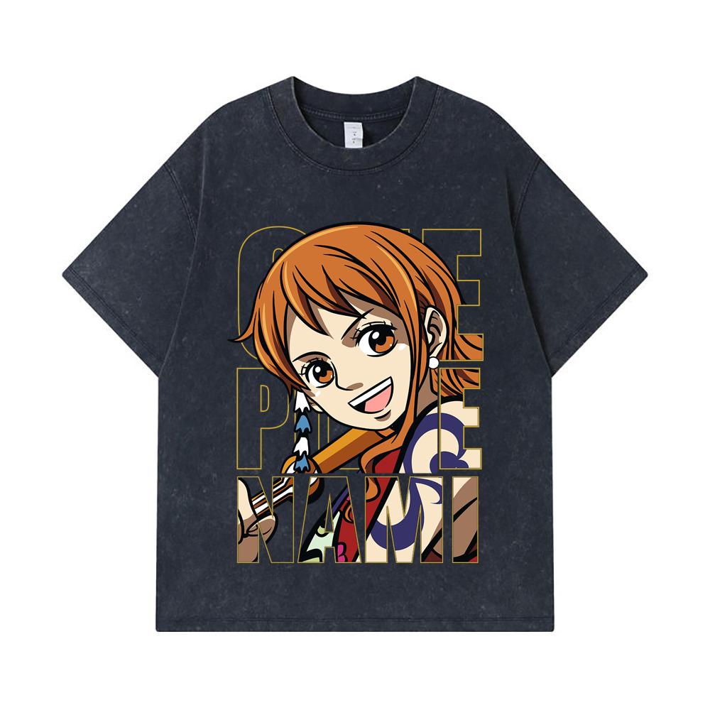 275 GSM Washed T-shirts 100% Cotton One Piece V61 Nami Print Unisex Heavy Cotton T Shirt