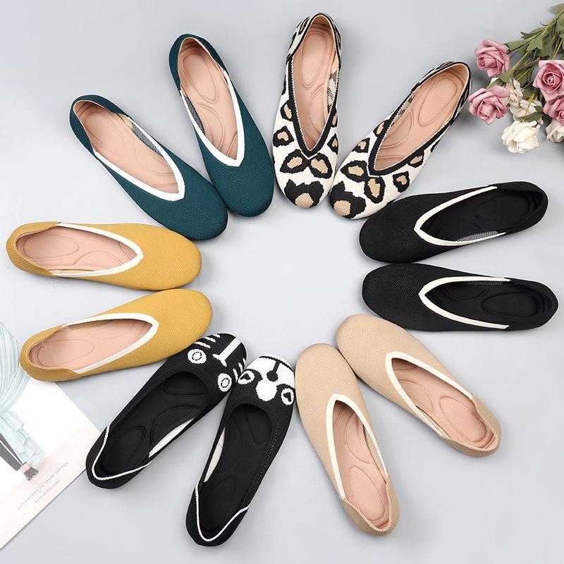 Women Shoes  Bowknot Flat Shoes Soft Pregnant Scoop Shoes Square Head Knitted Shoes Tide Girl Peas Shoes Female Ballet Shoes
