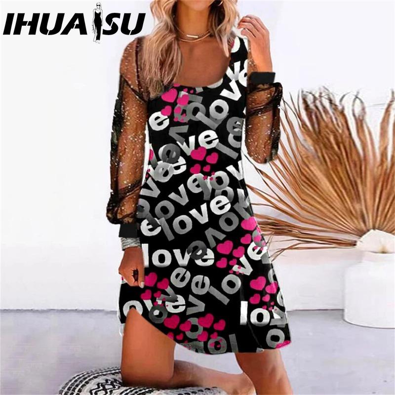 IHUASU Women's Fashion Spring Autumn Solid Color Print Long Sleeve U-Neck High Waist Casual Dresses