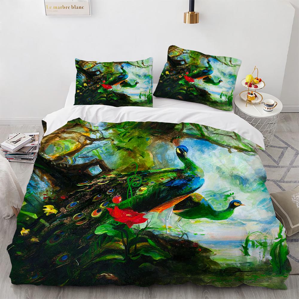 Juego de Funda Nórdica de Pavo Real Microfibra Preciosa Pluma Azul Funda de Edredón Flor Rosa Suave 2/3 Piezas Aves Tema Animal Funda de Edredón