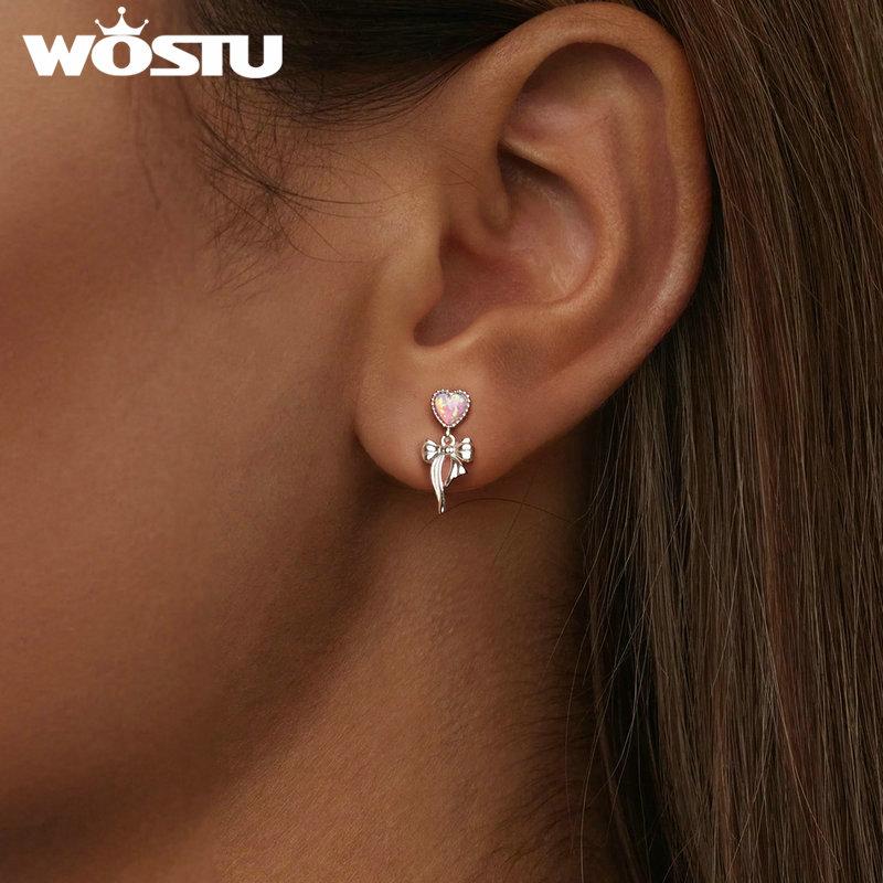 WOSTU Срібло 925 проби з опаловим бантом і сережками-гвоздиками з дияволом. Делікатні чудові сережки для жінок. Подарунок дівчині. Вишукані ювелірні вироби.