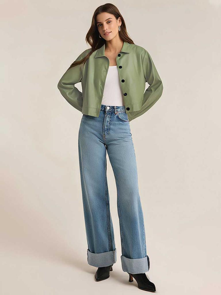 Autumn Winter Women's Lapel Faux Leather Jacket Loose Motorcycle Coat European American Style Casual Short Outerwear J589