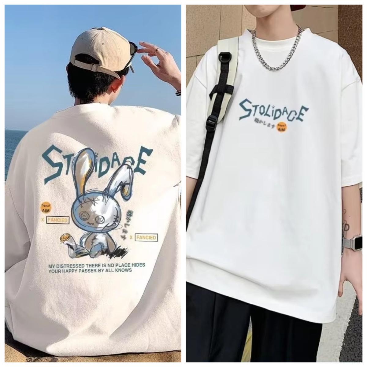 

2026 Chinese New Year Mens Super Korean Fashion Loose American Love Puppet Rabbit Short Sleeve Round Neck Versatile Trend M