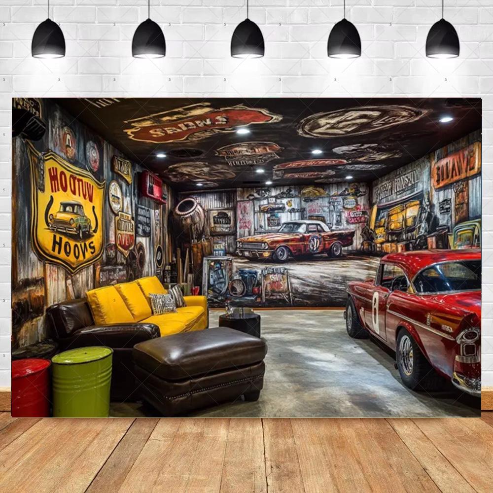 Bannière de Fond de Voiture Chaude Vintage Décoration de Fête Toile de Fond de Garage Classique Fournitures Style Industriel Pneu Outil Accessoire de Photographie