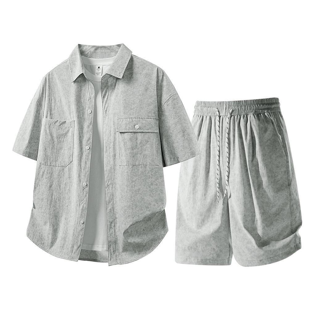 Summer Solid Color Basic Versatile Ice Silk Set Men's Shirt Short Sleeved Set Men's Two-piece Set