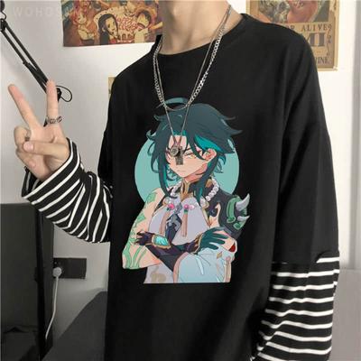 Genshin Impact Anime Game Xiao Graphic T Shirt Harajuku Japanese Vintage Patchwork Streetwear Summer Unisex Striped Long Tshirts
