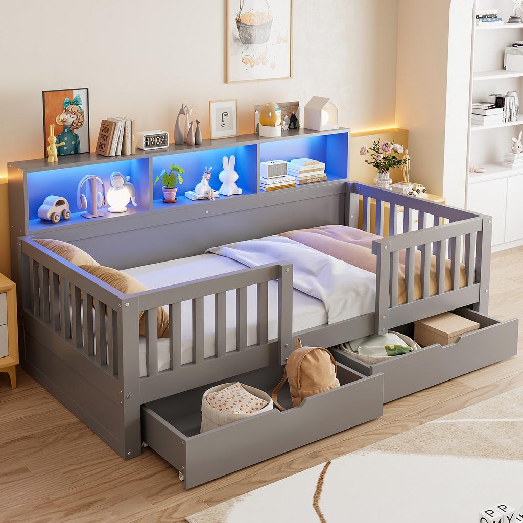 Letto per Bambini, 90 x 200 cm – Testiera Alta con Sponda di Sicurezza, Cassetti, Mensole e Illuminazione a LED, Grigio