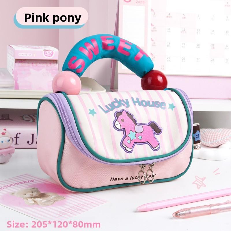 Kids Pony Pencil Case With Multiple Compartments Oxford Fabric For School Supplies
