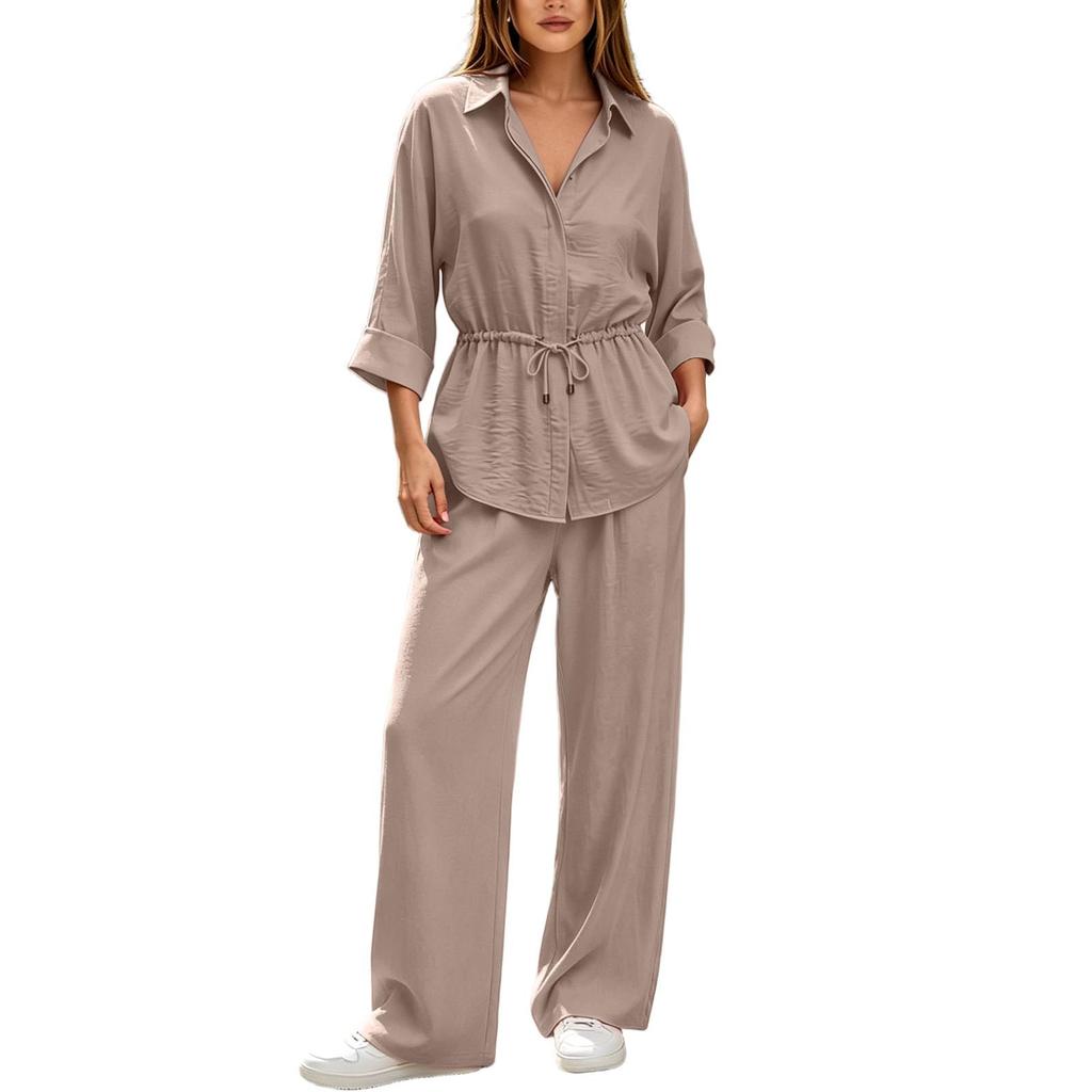 Women's Casual Two Piece Long Sleeve Collared Shirt and Pants Set