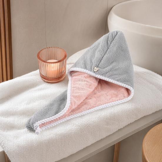 Hair Drying Towels with Button, Super Absorbent Double-Layer Coral Fleece Hair Towel, Quick Drying Travel Bathing Hair Wrap
