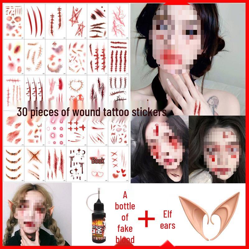 Halloween Makeup: Horror Scars, Fake Teeth, Little Tiger Teeth, and Blush Tattoo Stickers for Party Decoration
