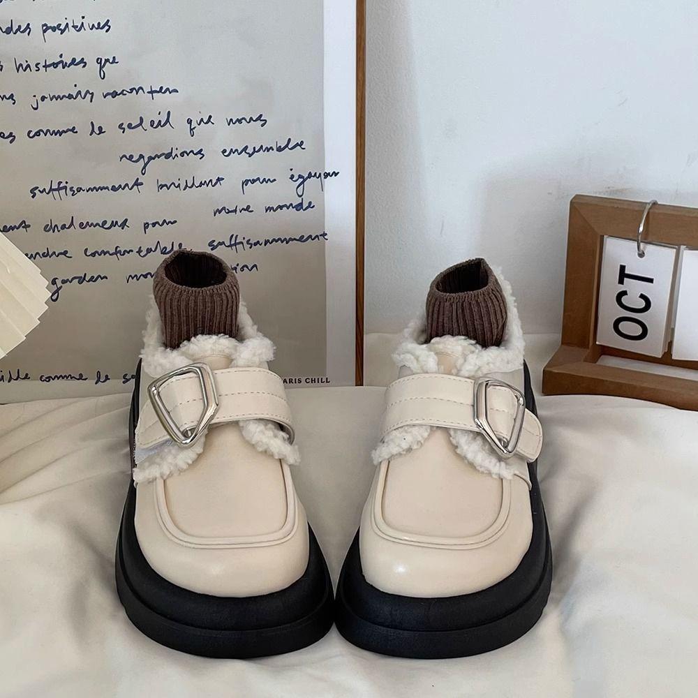 Platform Muffin Velvet Small Leather Shoes Women's 2025 New Autumn and Winter Warm Loafers Retro British Cotton Shoes Ins