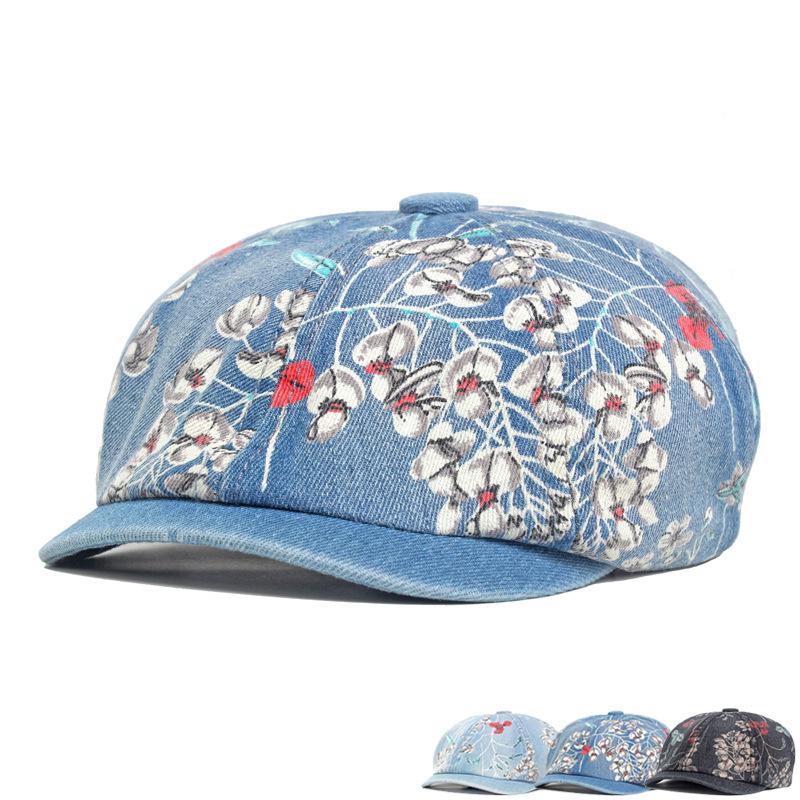 Women's Denim Print Floral Octagonal Beret Hat Painted British Forward Newsboy Cap Painter Hat