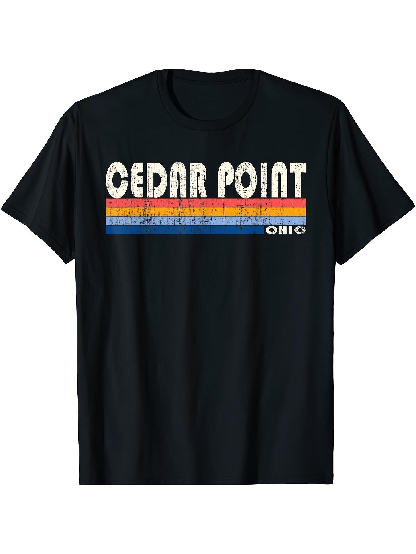Vintage Ohio License Plate Graphic T-shirt - Cedar Point Retro Tee with Red/Blue Stripes - Soft Stretchy Cotton Shirt for 70s 80s Theme Parties XXXL