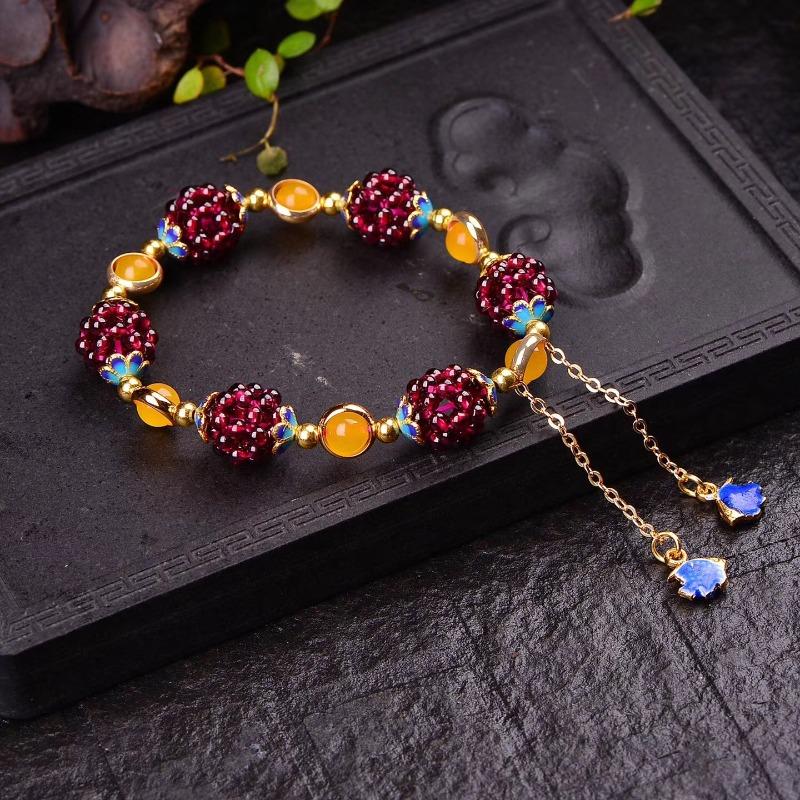 Natural garnet bracelet, multi-circle fashion pomegranate jewelry, garnet grape tourmaline woven exquisite ball