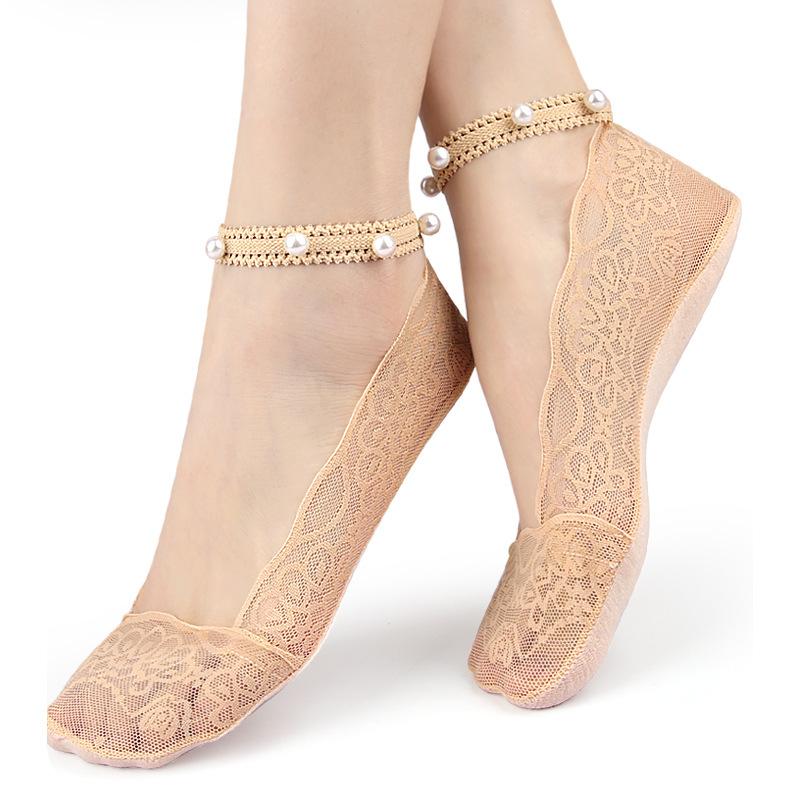 Носки-лодочки с жемчугом Летние Женские Кружевные Глубокие Невидимые Носки Нескользящие Удобные Дышащие Тонкие Универсальные one size fits all