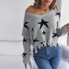 Knit Pullover Sweater Women Long Sleeve V Neck Casual Autumn Winter Star Cut