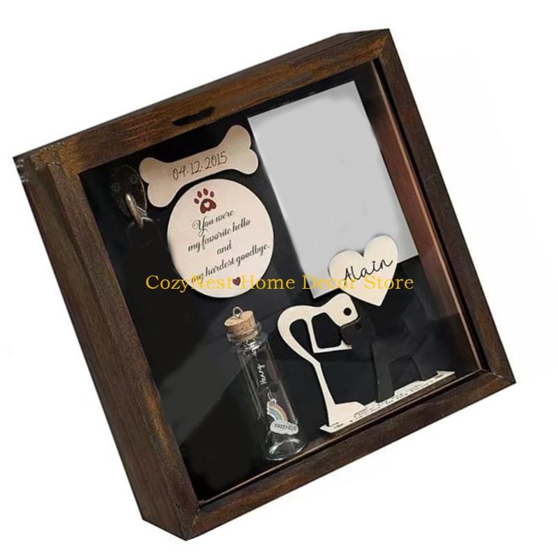 92MF Pet Memorial Gift Shadows Box Collar Holders Picture Frame Dog Wooden Sculpture Bottle Keepsakes Gift Wall Hangings