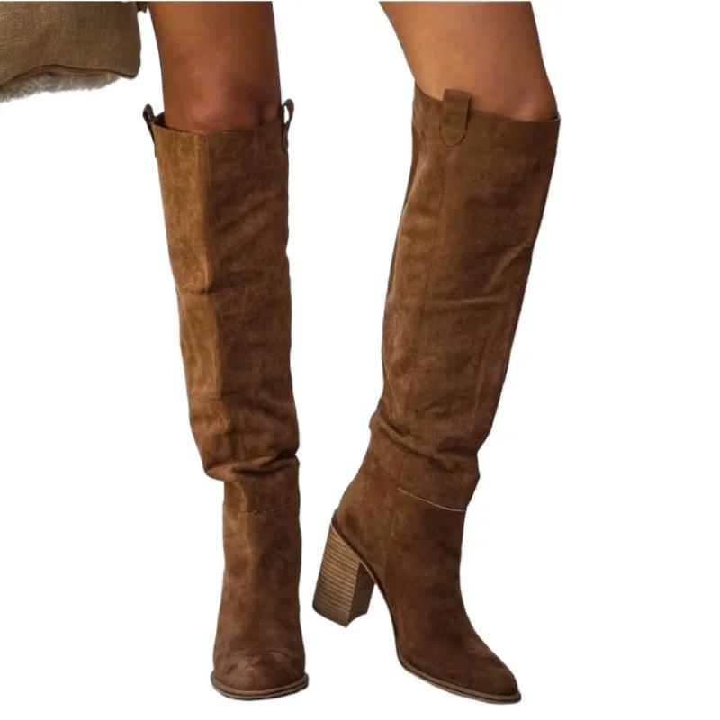 Fashion New Style Popular Women Fashionable Casual Vintage Retro Long Knee-high Cowboy Boots Square Heels Shoes Boot Woman Zapatos Mujer