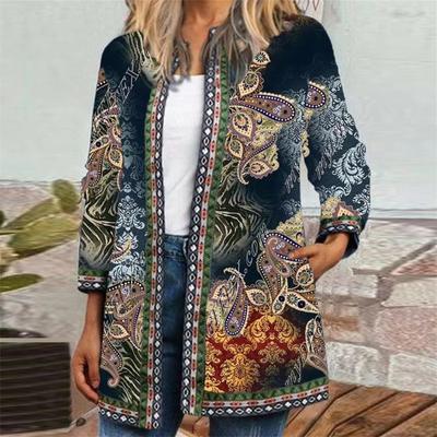 Mode Damen Vintage Ethno-Print Langarm Jacke Jacke Cardigan Top