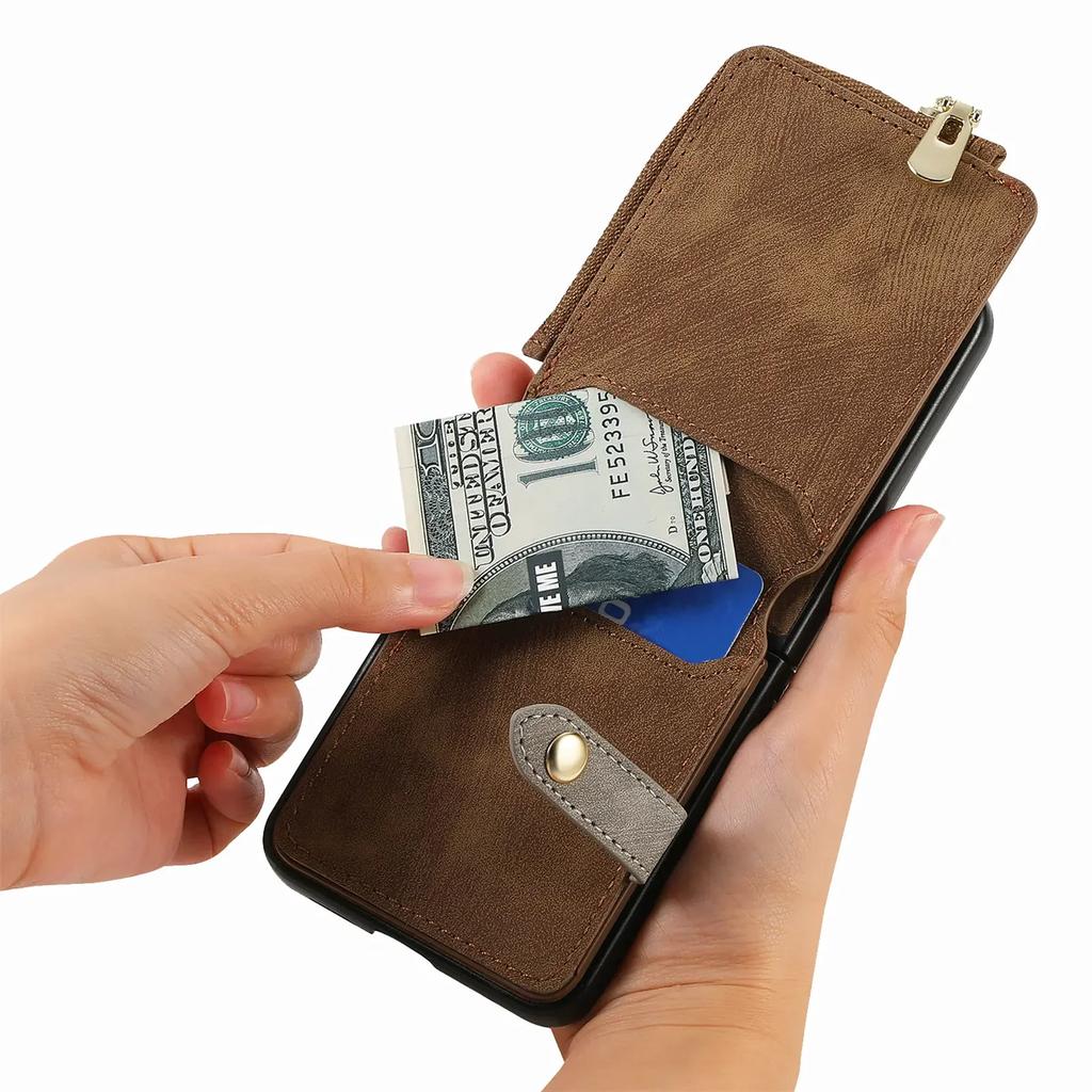 Zipper Cards Solt Purse Ring Holder Vintage Leather Wallet Case for Samsung Galaxy Z Flip 7 FE 6 5 4 5G Flip5 Bag Stand Cover