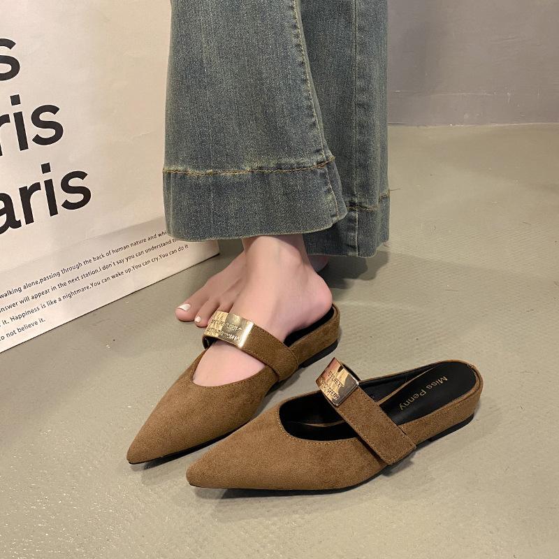 French pointed toe bag head half slippers women's 2025 autumn new wear thick heel versatile slippers temperament fashion shoes