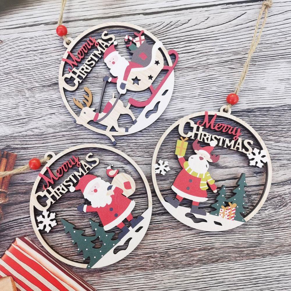 Wooden Christmas Tree Pendant Snowman/Santa Claus/Elk Round Christmas Ornament Hanging Carving Christmas Decoration